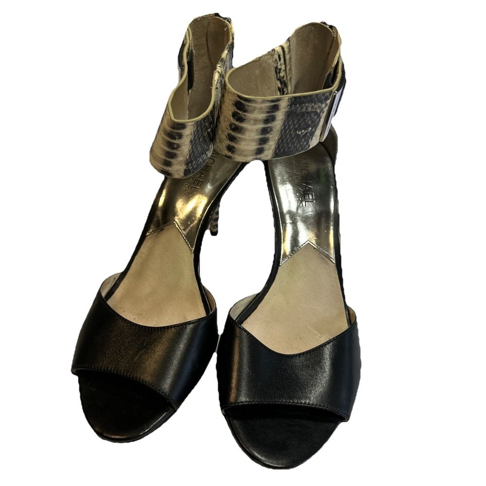 Michael Kors Black Peep Toe Heels W/ Snakeskin Ankle‎ Cuff & Heel Size  7 1/2 M